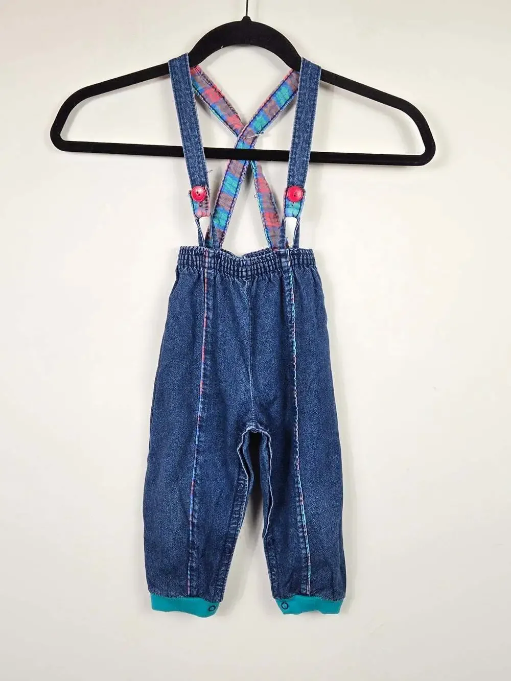 Vintage Carter’s 24M Denim Suspender Pants Plaid Straps Made in Canada